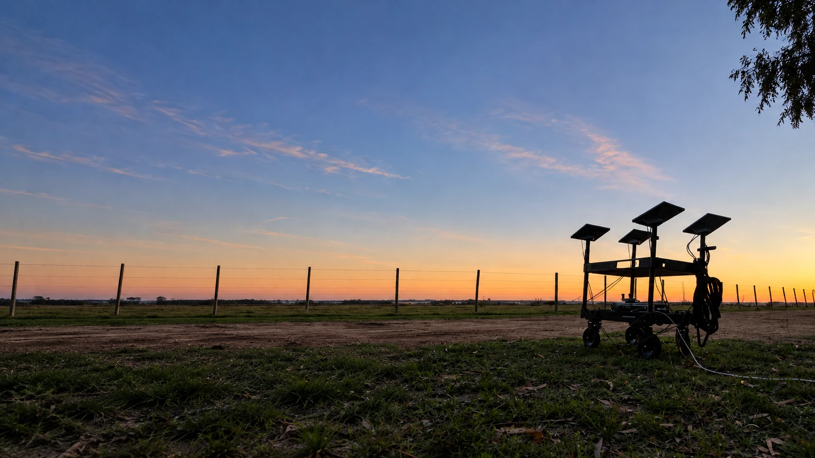 Fleeet’s four-terminal Starlink cart at sunset, with the surrounding landscape extended for this composition.