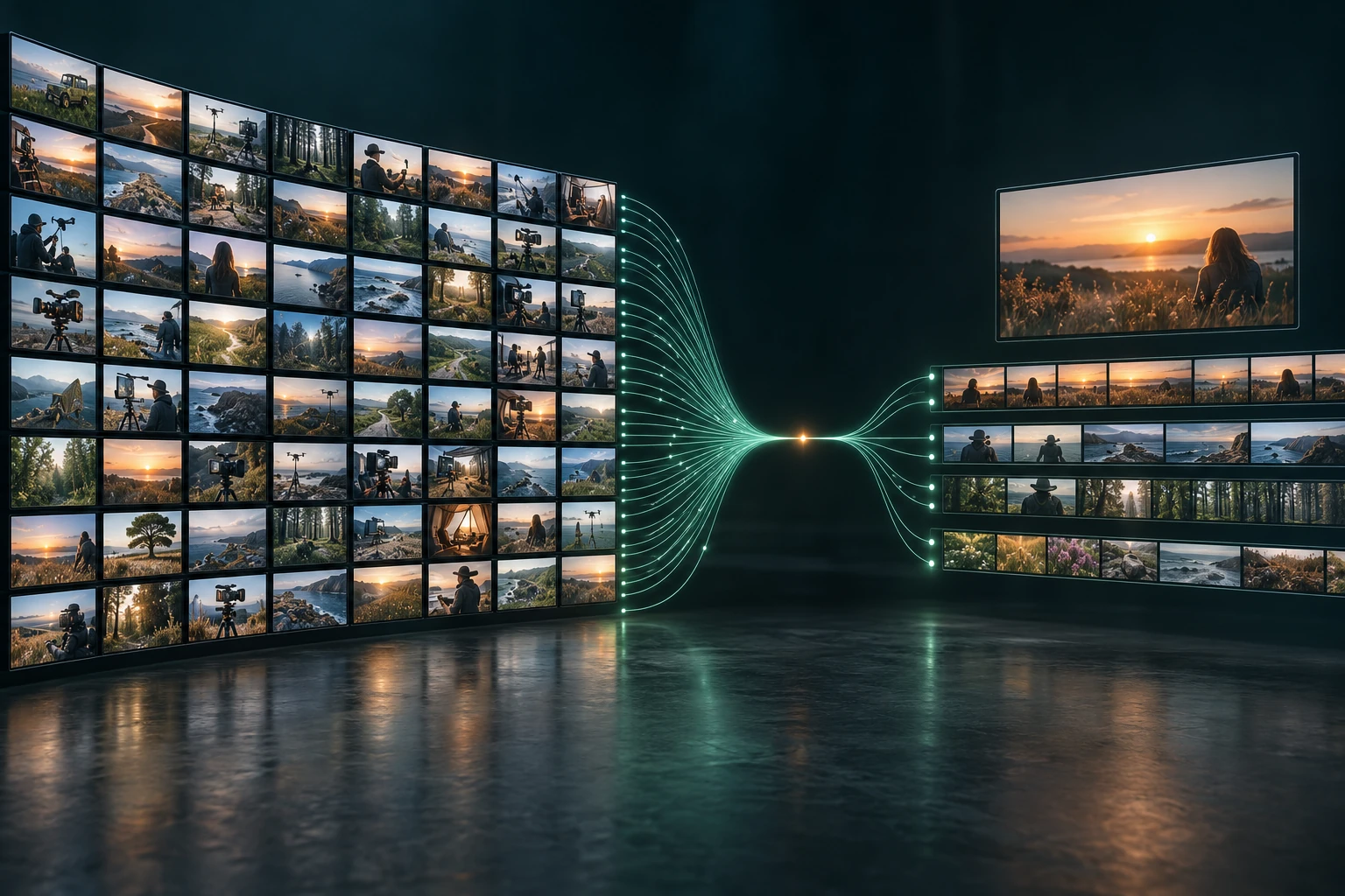 Many camera feeds converge into a narrow connection and emerge as media in an editorial timeline.